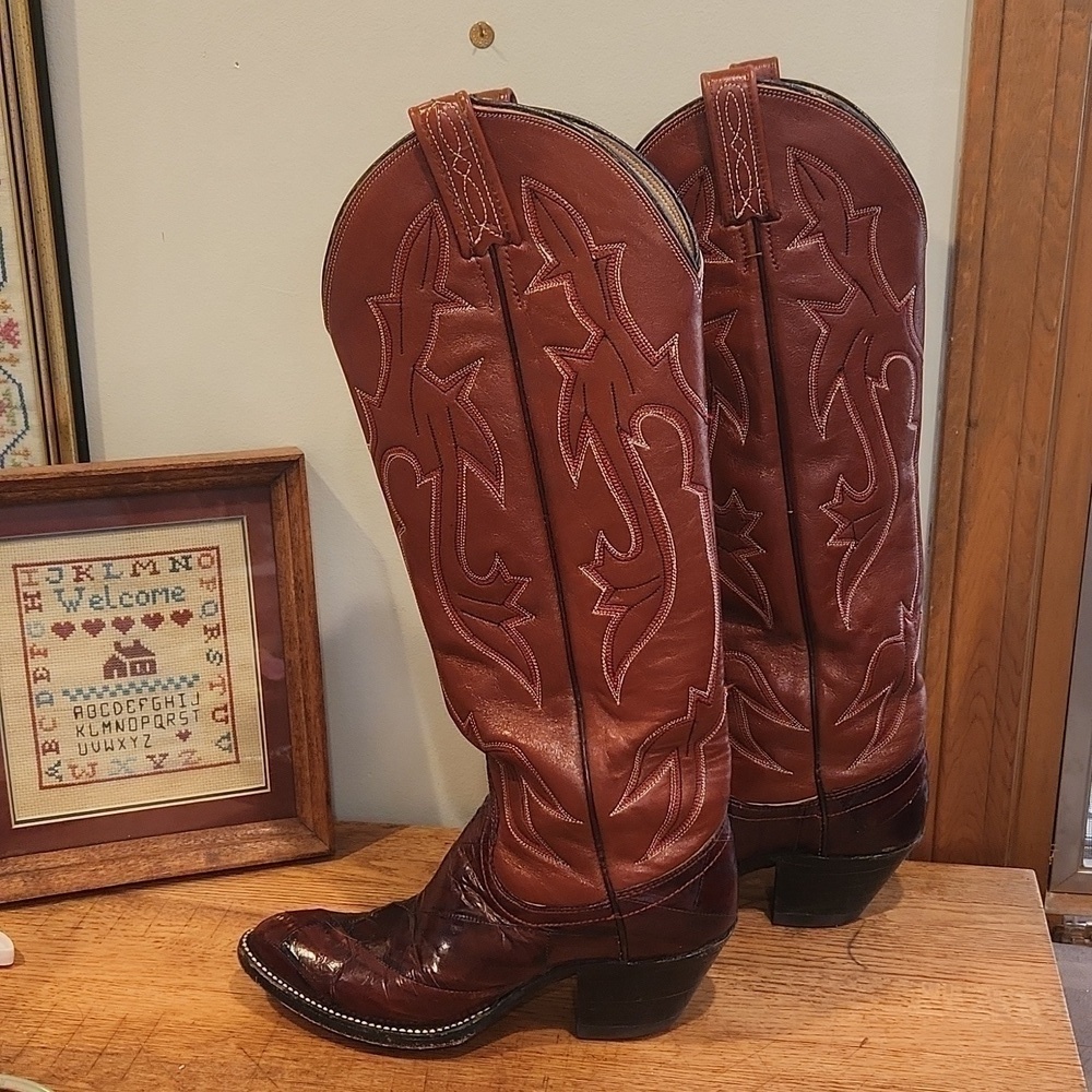DAN Post Exotic Eel and Cowhide Cognac Boots Style 4219 Wm 5C Almond toe Vtg - Picture 11 of 16